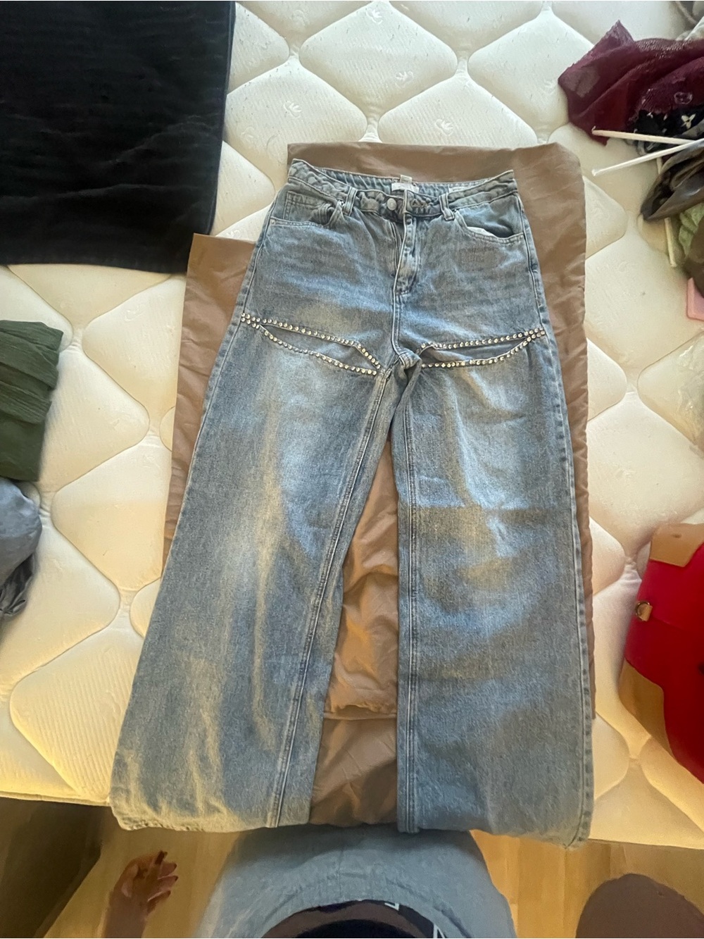 Forever 21 Light Blue Wide Leg Jeans with Rhinestone Trim